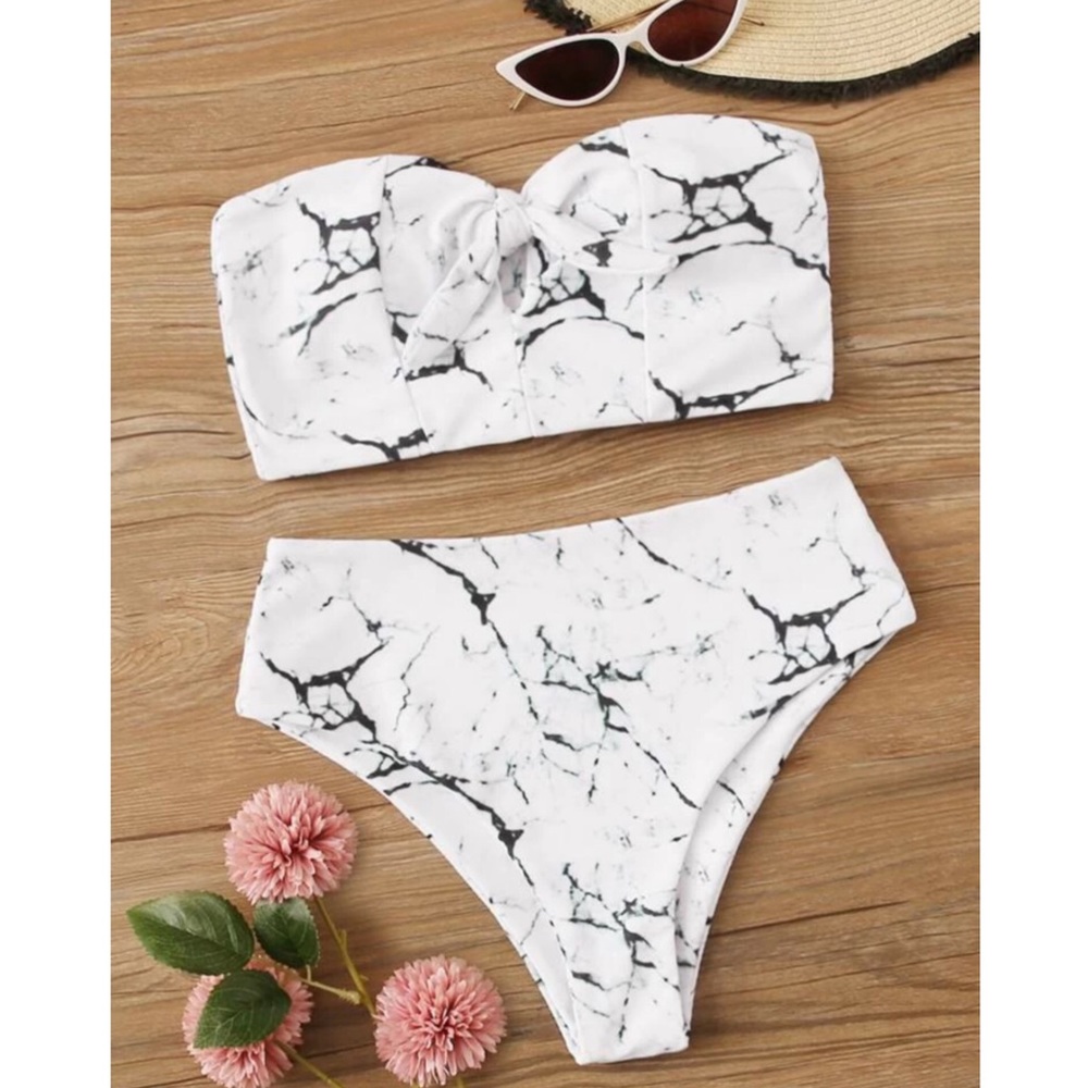 SHEIN White Cheeky Marble High Waisted Bikini